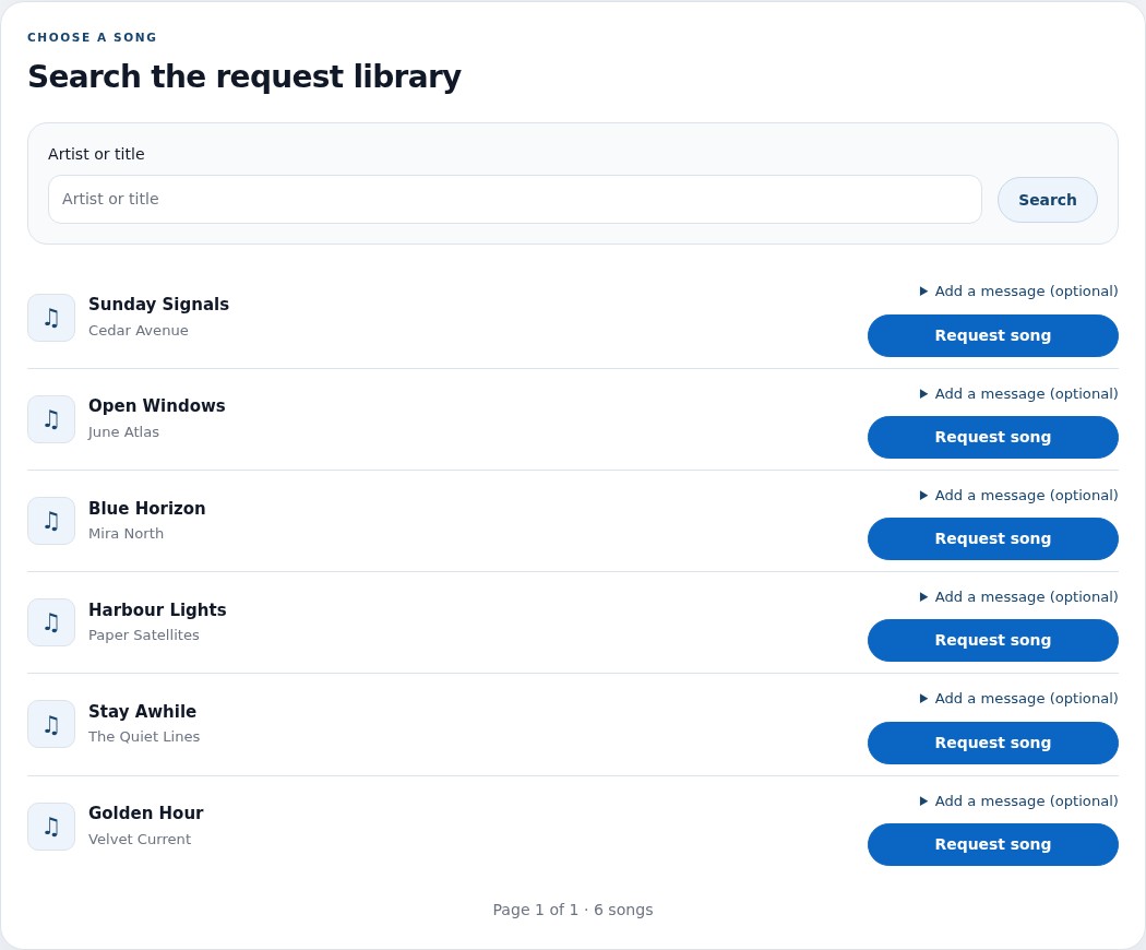 Now Playing & Song Requests — screenshot of the existing view-only OnAirHost demo