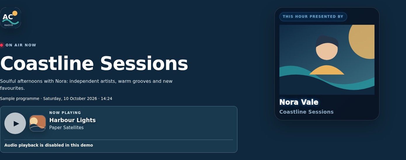 Radio Website — screenshot of the existing view-only OnAirHost demo